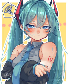 1girl absurdres aqua_eyes aqua_hair aqua_necktie aqua_trim arm_tattoo black_collar blush closed_mouth collar collarbone collared_shirt commentary_request crossed_arms detached_sleeves hair_between_eyes hair_ornament hatsune_miku highres long_hair long_sleeves looking_at_viewer mai_mugi necktie number_tattoo shirt sleeveless sleeveless_shirt smile solo speech_bubble tattoo upper_body very_long_hair vocaloid