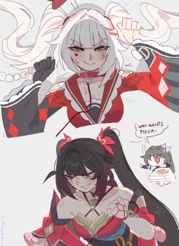 3girls :d bare_shoulders black_gloves black_hair breasts cleavage commentary criss-cross_straps detached_sleeves english_commentary gloves grey_hair heart highres honkai_(series) honkai_impact_3rd leash long_sleeves mark_under_both_eyes multiple_girls open_mouth pizza_box single_glove smile sparkle_(honkai:_star_rail) sparxie_(honkai:_star_rail) twintails unfamousradish vita_(honkai_impact) white_hair
