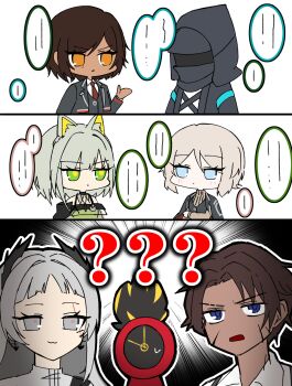 1boy 2others 4girls ? ?? absurdres animal_ears arknights cat_ears dante_(limbus_company) dark-skinned_female dark-skinned_male dark_skin doctor_(arknights) faust_(project_moon) heathcliff_(project_moon) highres hood irene_(arknights) kal&#039;tsit_(arknights) limbus_company monosirofj multiple_girls multiple_others multiple_scars object_head outis_(project_moon) project_moon scar