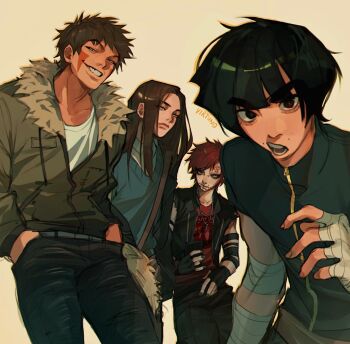 Rule 34 | 4boys, artist name, bandaged arm, bandaged hand, bandages, black gloves, black nails, black pantyhose, blue sweater, blunt bangs, bowl cut, brown hair, face piercing, facial mark, fingerless gloves, fur-trimmed jacket, fur trim, gaara (naruto), gloves, grey eyes, grey jacket, grin, hands in pockets, highres, hyuuga neji, inuzuka kiba, jacket, long hair, male focus, multiple boys, naruto (series), no eyebrows, open mouth, pantyhose, parted bangs, piercing, red hair, red shirt, rock lee, scar, scar on face, scar on forehead, shirt, short hair, smile, sweater, teeth, thick eyebrows, virtuno, white shirt