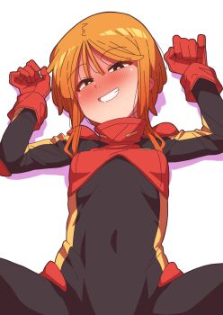 Rule 34 | 1girl, absurdres, blush, breasts, commentary request, covered navel, gloves, gundam, gundam zz, hands up, highres, looking at viewer, lying, mecha pilot suit, military uniform, neo zeon, normal suit (gundam), on back, onimaru (onimal7802), orange hair, puru two, red gloves, science fiction, short hair, small breasts, smile, solo, spread legs, upper body, white background