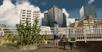 Rule 34 | 1girl, bench, bicycle, black hair, building, chair, city, cloud, day, female focus, flat color, grass, hands in pockets, hood, hoodie, looking at viewer, original, plant, potted plant, railing, real world location, scenery, school uniform, shiira, short hair, skirt, sky, smile, solo, tokyo (city)