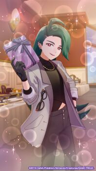 Rule 34 | 1girl, :d, ahoge, black-framed eyewear, black gloves, black shirt, bright pupils, chain, chain necklace, commentary request, eyewear hang, gift, glasses, gloves, green hair, grey jacket, hand up, holding, holding gift, indoors, jacket, jewelry, long hair, necklace, nintendo, official alternate costume, official art, open clothes, open jacket, open mouth, pants, pokemon, pokemon masters ex, red eyes, rika (palentine's 2026) (pokemon), rika (pokemon), shirt, smile, solo, standing, table, teeth, unworn eyewear, upper teeth only, watermark, white pupils