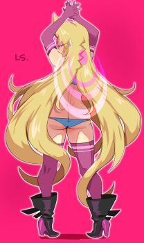 0lightsource 1girl absurdres arms_up ass black_boots blonde_hair blue_panties blue_shirt boots butt_crack cesselia_(lightsource) commentary cresselia crop_top elbow_gloves english_commentary forehead_jewel from_behind full_body gem gen_4_pokemon gloves halo halo_behind_head high_heel_boots high_heels highres legendary_pokemon long_hair looking_at_viewer looking_back lowleg lowleg_panties nintendo original panties personification pink_eyes pink_gem pokemon purple_gloves purple_halo purple_thighhighs shirt sleeveless sleeveless_shirt solo standing thighhighs underwear very_long_hair