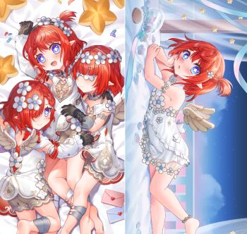 3girls :d arm_up ass barefoot bed_sheet black_gloves blindfold blue_eyes blush braid braided_bangs breasts brown_shorts commentary_request craytm dakimakura_(medium) detached_sleeves dress envelope flower-shaped_pupils gloves hair_over_one_eye honkai:_star_rail honkai_(series) letter long_sleeves love_letter lying multiple_girls on_back on_stomach one_side_up open_mouth pointy_ears puffy_long_sleeves puffy_sleeves shorts small_breasts smile star_(symbol) symbol-shaped_pupils trianne_(honkai:_star_rail) tribbie_(honkai:_star_rail) trinnon_(honkai:_star_rail) white_dress white_sleeves