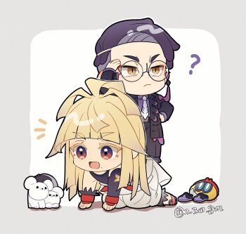 :d ? ahoge belt black_gloves black_pants black_suit blonde_hair blue_eyes chibi collared_shirt colored_eyelashes corbeau_(pokemon) dougi eyewear_strap fingerless_gloves formal_clothes glasses gloves highres ivor_(pokemon) karate_gi kneeling long_eyelashes long_hair mouse_(animal) n_310_gm necktie nintendo open_mouth pants pokemon pokemon_(creature) pokemon_legends:_z-a pouch purple_hair purple_shirt purple_shoes red_belt red_eyes red_gloves round_eyewear shirt shoes short_hair slit_pupils smile standing_on_person suit tandemaus white_necktie yellow_eyes