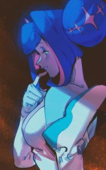 1girl arm_up blue_eyes blue_eyeshadow blue_hair breasts commentary cyborg double_bun english_commentary eyeshadow finger_to_mouth from_side hair_bun highres iria_arts knights_of_guinevere looking_down makeup medium_breasts princess_guinevere profile smile solo teeth upper_body