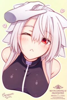 1girl ;&lt; animal_ear_fluff animal_ears bare_shoulders black_jacket blush breasts brown_background closed_mouth commentary_request cropped_torso disembodied_hand grey_hair hair_between_eyes headpat jacket large_breasts murasame_shia original outline red_eyes sideboob signature simple_background sleeveless sleeveless_jacket solo_focus upper_body watermark white_outline