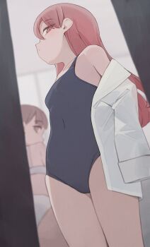 Rule 34 | 2girls, blue one-piece swimsuit, blurry, blurry background, bra, breasts, highres, hiroki (yyqw7151), long hair, multiple girls, one-piece swimsuit, original, panties, red eyes, red hair, shirt, small breasts, standing, swimsuit, underwear, undressing, white bra, white panties, white shirt