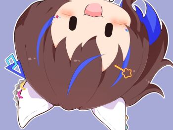 1girl :3 :d animal_ears blue_hair blush brown_hair chibi chibi_only commentary daitaku_helios_(umamusume) ear_covers fang gomashio_(goma_feet) hair_ornament hairclip horse_ears horse_girl looking_at_viewer multicolored_hair open_mouth outline portrait purple_background short_hair simple_background smile solo streaked_hair two-tone_hair umamusume upside-down white_outline |_|