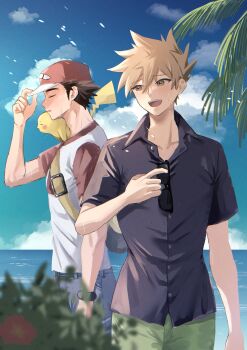 2boys bag black_shirt blue_oak blue_pants brown_eyes brown_hair buttons closed_eyes cloud collarbone collared_shirt commentary_request double-parted_bangs gen_1_pokemon green_pants hair_between_eyes highres looking_to_the_side male_focus medium_sideburns multiple_boys nintendo ocean on_shoulder open_collar open_mouth outdoors palm_tree pants pikachu pk_rgr96 pokemon pokemon_(creature) pokemon_on_shoulder pokemon_sm red_(pokemon) shirt short_sleeves sideburns sky smile standing sunglasses sweat teeth tree unworn_eyewear upper_teeth_only water yellow_bag