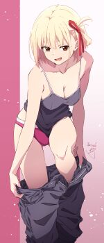 1girl :d absurdres blonde_hair breasts camisole cleavage clothes_pull collarbone commentary_request grey_camisole grey_pants hair_ribbon highres large_breasts looking_at_viewer lycoris_recoil nii_manabu nishikigi_chisato open_mouth panties pants pants_pull red_eyes red_panties red_ribbon ribbon short_hair smile solo thighs underwear undressing