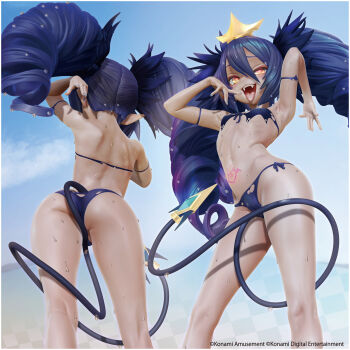 1girl 3d absurdres arm_strap armpits ass back bikini blue_bikini bombergirl breasts cameltoe commentary_request crown drill_hair fangs feet_out_of_frame figure_available hair_between_eyes heart heart-shaped_pupils heart_tattoo highres leslyzerosix lewisia_aquablue long_hair looking_at_viewer merchandise_available multiple_views nail_polish naughty_face navel open_mouth pointy_ears pubic_tattoo skindentation small_breasts swimsuit symbol-shaped_pupils tail tattoo teeth tongue tongue_out twin_drills wet wings yellow_eyes