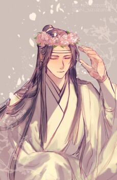 Rule 34 | 1boy, aki uzuzame, bishounen, black hair, chinese clothes, closed eyes, closed mouth, commentary request, falling petals, flower, grey background, hand up, hanfu, head wreath, headband, highres, lan wangji, long hair, long sleeves, male focus, modao zushi, petals, pink flower, robe, smile, solo, topknot, twitter username, upper body, very long hair, white hanfu, white headband, wide sleeves