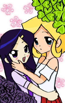 2000s_(style) 2girls bare_shoulders black_hair blonde_hair blue_eyes blush clover clover_(totally_spies) commentary flower four-leaf_clover hair_ornament hairclip hug kleptomori long_hair mandy_(totally_spies) multiple_girls open_mouth purple_eyes rose school_uniform self-upload short_hair short_sleeves simple_background skirt smile totally_spies upper_body white_background yuri