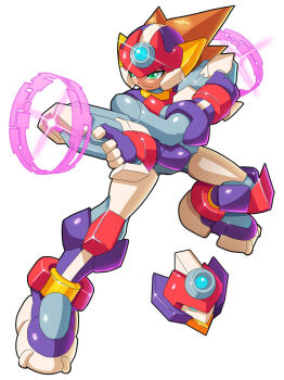 Rule 34 | 1boy, android, armor, axl (mega man), axl (mega man) (cosplay), biometal, brown hair, cosplay, energy gun, forehead jewel, full body, green eyes, gun, helmet, holding, holding gun, holding weapon, legs apart, male focus, mega man (series), mega man x (series), mega man zx, parody, red helmet, simple background, spiked hair, standing, style parody, ultimatemaverickx, weapon, white background