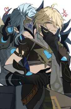 2boys absurdres aether_(genshin_impact) ahoge anger_vein annoyed arm_armor armor belt black_gloves black_mask blonde_hair blue_hair blue_necktie braid brown_belt brown_gloves brown_pants brown_shirt closed_mouth commentary_request covered_eyes dottore_(genshin_impact) earrings eye_mask genshin_impact gloves gold_trim grabbing_another's_arm grey_scarf hair_between_eyes half-closed_eye hand_around_waist hand_on_another's_face hand_up heart highres jacket jewelry lapels long_hair long_sleeves looking_at_another looking_back male_focus mask midriff multiple_boys necktie nontamewmew one_eye_closed pants pointy_ears scarf shirt short_sleeves shoulder_armor simple_background single_braid single_earring sitting sitting_on_person sitting_on_throne smile throne wavy_hair white_background white_jacket wristband yaoi yellow_eyes