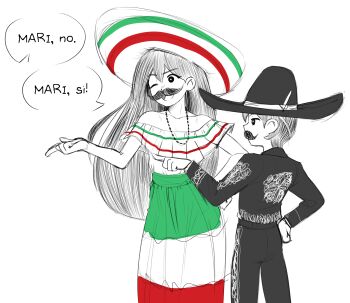 Rule 34 | 1boy, 1girl, ;d, absurdres, alternate costume, bright pupils, brother and sister, cabronpr, charro, commentary, cowboy shot, double-parted bangs, dress, english commentary, fake facial hair, fake mustache, flag print, hair behind ear, hair between eyes, hand on own hip, hat, highres, index finger raised, long hair, long sleeves, mari (faraway) (omori), mari (omori), mexican clothes, mexican dress, mexican flag, mexican flag print, mexico, off-shoulder dress, off shoulder, omori, one eye closed, open mouth, pants, partially colored, profile, short hair, short sleeves, siblings, simple background, smile, sombrero, spanish text, speech bubble, sunny (omori), tongue, white background