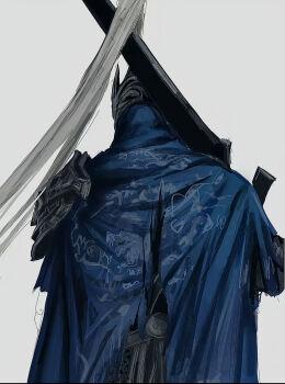 1boy armor artorias_the_abysswalker ashen6621 blue_cape blue_hood cape cowboy_shot dark_souls_(series) dark_souls_i facing_away from_behind greatsword helmet highres holding holding_sword holding_weapon hood hood_up male_focus pauldrons plume shoulder_armor simple_background single_pauldron solo standing sword weapon white_background