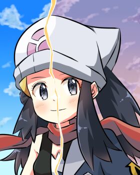 2girls akari_(pokemon) beanie black_shirt blush closed_mouth cloud cocoa_(p_cocoa_f) commentary_request dawn_(pokemon) day eyelashes grey_eyes hair_ornament hairclip hat headscarf highres jacket multiple_girls nintendo outdoors pokemon pokemon_dppt pokemon_legends:_arceus ponytail red_scarf scarf shirt sidelocks sky sleeveless sleeveless_shirt smile split_screen white_headscarf