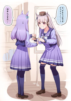 2girls absurdres animal_ears aqua_bow blunt_bangs blush bow bowtie breasts brown_hat chopsticks collarbone commentary_request ear_bow ear_ribbon gold_ship_(umamusume) grey_hair grin hat highres holding holding_chopsticks horse_ears horse_girl long_hair looking_at_another mejiro_mcqueen_(umamusume) motion_lines multiple_girls no_tail ooeyama open_mouth pillbox_hat pleated_skirt purple_bow purple_eyes purple_hair purple_sailor_collar purple_serafuku purple_shirt purple_skirt purple_thighhighs sailor_collar sailor_shirt school_uniform serafuku shirt shoes skirt smile speech_bubble sweat teeth thighhighs tracen_school_uniform umamusume white_bow white_bowtie