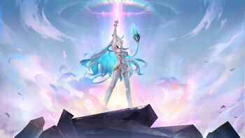 1girl blue_eyes blue_hair bodysuit breasts cable cable_tail clenched_hand colored_inner_hair daiblos_core game_cg headgear kunlun_sp_(daiblos_core) mechanical_tail multicolored_hair non-web_source official_art open_mouth pointing pointing_up tail