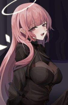 1girl absurdres arknights black_dress breasts cleavage detached_wings dress halo heart heart-shaped_pupils highres lastmatch500 lemuen_(arknights) light_blush long_hair long_sleeves looking_at_viewer medium_breasts open_mouth pink_eyes pink_hair solo symbol-shaped_pupils traditional_halo white_halo wings