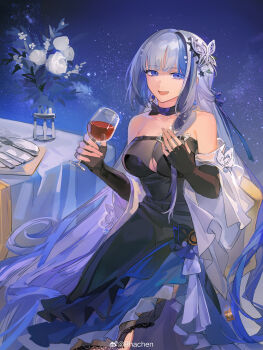 Rule 34 | 1girl, absurdres, black dress, blue eyes, blue hair, cup, dress, drinking glass, evening gown, fork, girls' frontline, girls' frontline neural cloud, highres, hubble (neural cloud), night, official alternate costume, plate, rhachen, sky, solo, spoon, star (sky), starry sky, utensil, watermark, weibo username, weibo watermark, wine glass