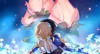 1boy 1girl arm_cutout armor bare_shoulders black_hair blonde_hair blue_background blue_cape blue_flower blue_hat blunt_ends bridal_gauntlets brooch cape clothing_cutout couple detached_sleeves dress falling_petals flower genshin_impact gold hair_flower hair_ornament hat hetero highres holding holding_another&#039;s_arm holding_unworn_clothes holding_unworn_hat huhu_norii japanese_armor japanese_clothes jewelry jingasa kimono kote kurokote lumine_(genshin_impact) multicolored_flower petals pink_flower plant scaramouche_(genshin_impact) scarf short_hair short_hair_with_long_locks sidelocks twitter_username unworn_hat unworn_headwear wanderer_(genshin_impact) white_dress white_flower white_kimono white_scarf white_sleeves white_trim