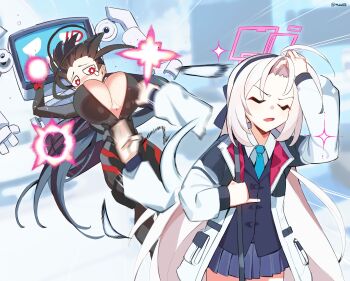 Rule 34 | 2girls, absurdres, ahoge, black bodysuit, black hair, black halo, blue archive, blue skirt, bodysuit, breasts, closed eyes, commentary, ddg160, halo, highres, jacket, kei (blue archive), kei (new body) (blue archive), large breasts, long hair, meme, multicolored halo, multiple girls, naoya hitting choso without looking (meme), official alternate costume, open mouth, pink halo, pleated skirt, punching, red eyes, red halo, rio (armed) (blue archive), rio (blue archive), skirt, tears, twitter username, two-tone halo, white hair, white jacket