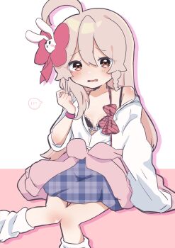 Rule 34 | 09hkr, 1girl, ahoge, black bra, blue skirt, blush, bow, bowtie, bra, braid, breasts, brown eyes, clothes around waist, collarbone, commentary, diagonal-striped bow, diagonal-striped bowtie, diagonal-striped clothes, embarrassed, fang, frilled bra, frills, gyaru, hair between eyes, hair bow, hair ornament, hashtag-only commentary, highres, jacket, jacket around waist, knees together feet apart, kogal, long hair, long sleeves, loose socks, official alternate costume, onii-chan wa oshimai!, open clothes, open shirt, oyama mahiro, pink bow, pink jacket, plaid clothes, plaid skirt, rabbit hair ornament, red bow, red bowtie, shirt, side braid, simple background, single bare shoulder, single braid, single off shoulder, sitting, skirt, small breasts, socks, solo, spoken blush, striped bow, striped bowtie, striped clothes, thigh gap, underwear, undone bowtie, unmoving pattern, wavy mouth, white shirt, wristband, x mouth