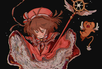 &gt;_&lt; 1girl antenna_hair black_background bow brown_hair cardcaptor_sakura closed_eyes clothes_lift dress dress_lift fffkorobka hair_between_eyes highres holding holding_staff kero_(cardcaptor_sakura) kinomoto_sakura parted_lips petticoat pink_dress short_hair sparkle staff striped_bow