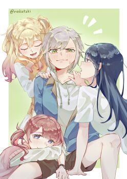 4girls absurdres arm_support behind_another black_hair blonde_hair blue_eyes blue_jacket blunt_bangs blush border brown_hair brown_shorts closed_eyes closed_mouth collarbone commentary double-parted_bangs drawstring english_commentary gradient_hair green_background green_eyes grey_hair hair_between_eyes hand_on_another&#039;s_shoulder head_rest highres hinomori_shiho hood hood_down hoodie hoshino_ichika_(project_sekai) jacket lap_pillow lapels leo/need_(project_sekai) long_hair long_sidelocks long_sleeves looking_at_another looking_at_viewer mochizuki_honami multicolored_hair multiple_girls open_clothes open_jacket open_mouth orange_sweater_vest outside_border pink_hair pink_sweater_vest polyamory project_sekai rakatzki shirt short_hair short_sleeves shorts side_ponytail sidelocks simple_background sitting smile sweatdrop sweater_vest t-shirt tenma_saki twintails watch white_border white_hoodie white_shirt wristwatch yuri