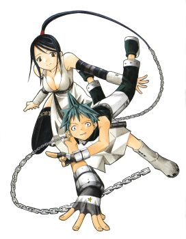 1boy 1girl black_hair black_star blue_hair breasts chain cleavage gloves highres nakatsukasa_tsubaki official_art ohkubo_atsushi ponytail simple_background smile spiked_hair star_(symbol) star_print white_background