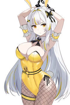 Rule 34 | 1girl, absurdres, animal ear hairband, animal ears, black survival, breasts, chain, eternal return: black survival, fake animal ears, haengo186373, hairband, highres, large breasts, leotard, looking at viewer, minami rio, minami rio (winning shot), pantyhose, playboy bunny, rabbit ear hairband, rabbit ears, rabbit girl, simple background, thighs, white background, white hair, yellow eyes, yellow leotard