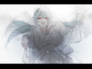 Rule 34 | aqua hair, colored skin, ghost, hatsune miku, highres, japanese clothes, kimono, long hair, looking at viewer, low twintails, obake no ukenerai (vocaloid), obi, open mouth, red eyes, sash, shiroshouzoku, smile, solo, tearing up, triangular headpiece, twintails, upper body, user uwku5444, very long hair, vocaloid, white kimono