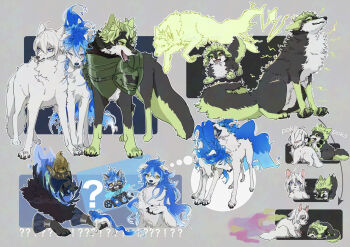 animal animal_focus animalization armor blue_eyes blue_hair clothed_animal commentary_request cub electricity electrokinesis fiery_hair green_eyes green_hair grey_background highres idia_shroud long_hair multiple_views no_humans ortho_shroud raccoonlot sebek_zigvolt sebek_zigvolt_(evernight_armor) short_hair silver_vanrouge twisted_wonderland wolf