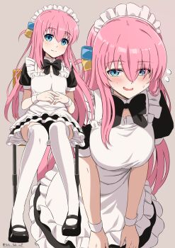 1girl apron black_bow black_bowtie black_dress black_shoes blue_eyes blush bocchi_the_rock! bow bowtie brown_background chair closed_mouth collar crossed_bangs cube_hair_ornament dress flying_sweatdrops gotoh_hitori hair_between_eyes hair_ornament hashtag-only_commentary highres knees_together_feet_apart long_hair maid maid_apron maid_headdress multiple_views nervous_smile pink_hair puffy_short_sleeves puffy_sleeves shoes short_sleeves simple_background sitting smile split_mouth sweatdrop takatsuki_p thighhighs twitter_username white_collar white_thighhighs white_trim white_wrist_cuffs wrist_cuffs