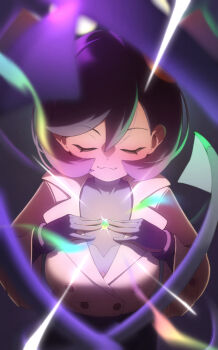 1girl :3 black_hair closed_eyes dark-skinned_female dark_skin emma_(pokemon) gloves glowing hitoridoodles jacket long_sleeves mega_stone nintendo pokemon pokemon_legends:_z-a short_hair