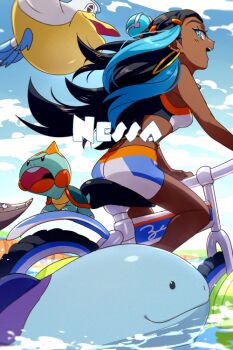 1girl bare_shoulders bicycle black_hair blue_eyes blue_eyeshadow blue_hair blue_sky breasts character_name chewtle dark-skinned_female dark_skin earrings echo_(circa) eyeshadow gen_2_pokemon gen_3_pokemon gen_8_pokemon hair_bun hoop_earrings jewelry long_hair looking_at_viewer makeup medium_breasts multicolored_hair nessa_(pokemon) nintendo open_mouth pelipper pokemon pokemon_swsh quagsire shorts single_hair_bun sky smile solo sports_bra thighs two-tone_hair water