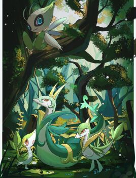 Rule 34 | :o, blue eyes, celebi, closed mouth, commentary, evolutionary line, forest, full body, gen 2 pokemon, gen 5 pokemon, highres, legendary pokemon, mythical pokemon, nature, nintendo, no humans, open mouth, outdoors, pokemon, pokemon (creature), red eyes, reo (mmocc123), serperior, servine, smile, snivy, symbol-only commentary, tree, wings