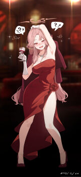 1girl ? arm_up armpits aru_(blue_archive) aru_(dress)_(blue_archive) blue_archive blurry blurry_background blush breasts cleavage commentary_request cup dated depth_of_field dress dress_flower evening_gown flower forehead full_body glass gloves halo hand_up high_heels highres holding holding_cup indoors jewelry large_breasts looking_at_viewer necklace official_alternate_costume open_mouth parack pink_hair pink_halo red_dress red_eyes red_flower red_rose red_shoes rose shoes solo speech_bubble spoken_question_mark strapless strapless_dress sweat white_gloves