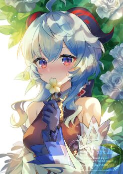 Rule 34 | 1girl, ahoge, bare shoulders, blue gloves, blue hair, blush, breasts, closed mouth, commentary request, detached sleeves, eating, flower, ganyu (genshin impact), genshin impact, gloves, goat girl, goat horns, hair between eyes, horns, long hair, long sleeves, looking at viewer, medium breasts, noma (kifyz23), purple eyes, solo, sweat, upper body, white flower