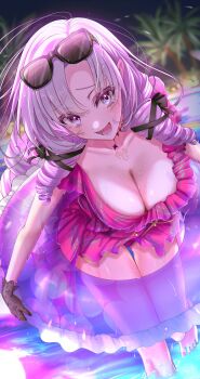 absurdres breasts casual_one-piece_swimsuit chest_tattoo cleavage drill_hair drill_sidelocks eyewear_on_head frilled_innertube frills gloves highres hyakumantenbara_salome innertube kisiti_07 large_breasts leaning_forward looking_at_viewer naughty_face night nijisanji official_alternate_costume one-piece_swimsuit pool purple_hair raised_inner_eyebrows scorpion_tattoo sidelocks sunglasses swim_ring swimsuit tattoo virtual_youtuber
