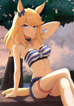 1girl animal_ears arm_behind_head bandeau bare_shoulders black_choker blonde_hair blue_bow blue_eyes blush bow breasts choker closed_mouth cutoffs denim denim_shorts ear_bow ear_ornament gold_city_(authentic/1928)_(umamusume) gold_city_(umamusume) highres horse_ears horse_girl horse_tail long_hair looking_at_viewer medium_breasts navel outdoors shorts sitting smile solo stomach strapless striped_bandeau tail telomere thigh_strap tree tube_top umamusume