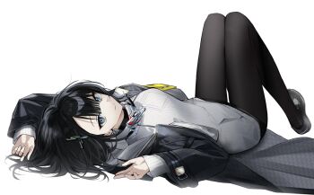 Rule 34 | 1girl, arknights, arknights: endfield, arm up, black coat, black hair, black pantyhose, breasts, closed mouth, coat, endministrator (arknights), female endministrator (arknights), grey eyes, hair ornament, hair spread out, hands up, highres, knees up, lactoflavinn, long sleeves, looking at viewer, lying, medium breasts, medium hair, on back, open clothes, open coat, pantyhose, shoes, simple background, smile, solo, split mouth, sweater, white background, white sweater