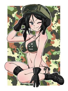 Rule 34 | 1girl, ;), bikini, black bikini, black boots, black eyes, black gloves, black hair, black headwear, boots, breasts, camouflage background, chouno ami, closed mouth, combat boots, commentary, girls und panzer, gloves, goggles, goggles on headwear, halterneck, headset, helmet, japan ground self-defense force, japan self-defense force, large breasts, military, navel, one eye closed, print bikini, salute, short hair, side-tie bikini bottom, smile, solo, star (symbol), swept bangs, swimsuit, takahashi kurage, tank helmet, textless version