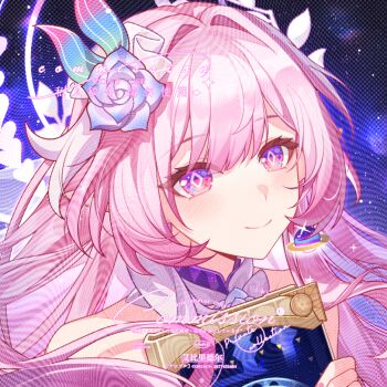 1girl abby_riddle adversarial_noise as_i&#039;ve_written_(honkai:_star_rail) bare_shoulders blush book chinese_commentary closed_mouth commentary commentary_request commission cyrene_(honkai:_star_rail) cyrene_(ripples_of_past_reverie)_(honkai:_star_rail) diamond-shaped_pupils diamond_(shape) english_commentary flower hair_flower hair_ornament holding holding_book honkai:_star_rail honkai_(series) light_blush long_hair looking_at_viewer mixed-language_commentary pink_eyes pink_hair pointy_ears portrait purple_flower purple_rose rose sidelocks smile solo symbol-shaped_pupils watermark