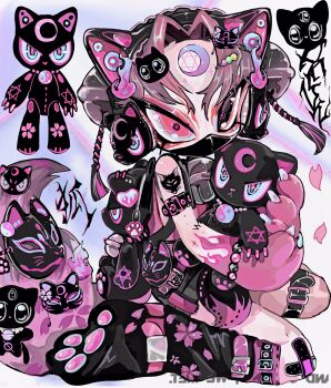 Rule 34 | 1boy, amatou akuma, animal bag, animal ear headphones, animal ears, animal feet, animal hands, arm tattoo, armband, armlet, artist name, backpack, bag, bandaid, bandaid on knee, bandaid on leg, bare shoulders, bell, belt, black bag, black eyes, black shorts, black skirt, black socks, blue eyes, cherry blossoms, claws, colored extremities, covered mouth, crescent, crescent facial mark, crossed bandaids, doll, facial mark, fake animal ears, fire hair, floral print, fox boy, fox ear headphones, fox ears, fox mask, fox tail, fox tattoo, full body, gradient background, hair bell, hair intakes, hair ornament, hairclip, headphones, heterochromia, highres, holding, holding stuffed toy, jewelry, looking at viewer, male focus, mask, multicolored eyes, multicolored hair, neck bell, original, paw print, pentagram, pentagram print, petals, pink belt, pink eyes, pink fur, pink hair, pink shirt, purple hair, shirt, short hair, shorts, signature, simple background, sitting, skirt, sleeveless, sleeveless shirt, socks, solo, streaked hair, stuffed animal, stuffed fox, stuffed toy, tail, tank top, tattoo, thigh strap, wariza, white background, yin yang