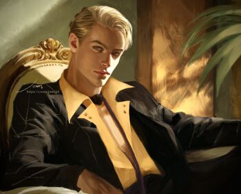 1boy armchair black_jacket black_suit blonde_hair blue_eyes chair collared_shirt commentary formal_clothes highres indoors jacket jojo_no_kimyou_na_bouken jomijjd lips long_sleeves looking_at_viewer male_focus necktie orange_lips plant prosciutto_(jojo) shirt short_hair signature sitting solo suit suit_jacket upper_body vento_aureo yellow_shirt